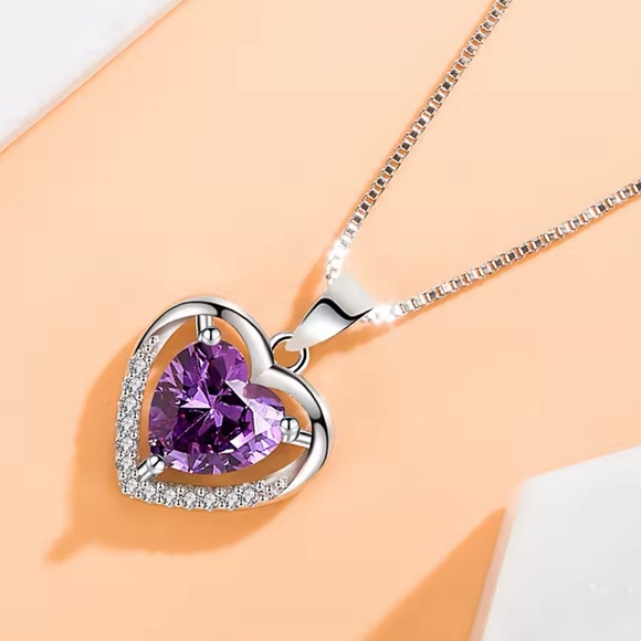 Sterling Silver Purple Cubic Zirconia Heart Necklace - Picture 1 of 1